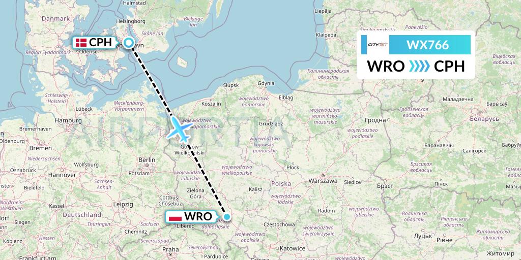 WX766 Cityjet Flight Map: Wroclaw to Copenhagen