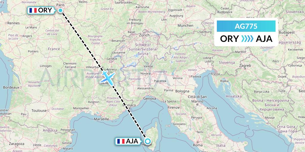 AG775 Aruba Airlines Flight Map: Paris to Ajaccio