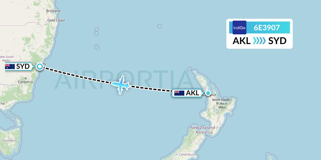 6E3907 IndiGo Airlines Flight Map: Auckland to Sydney
