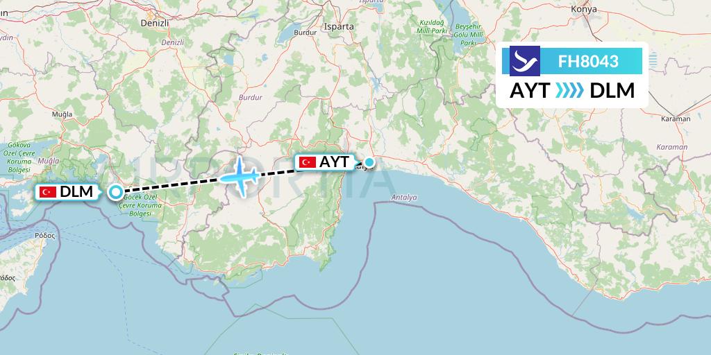 FH8043 Freebird Airlines Flight Map: Antalya to Dalaman
