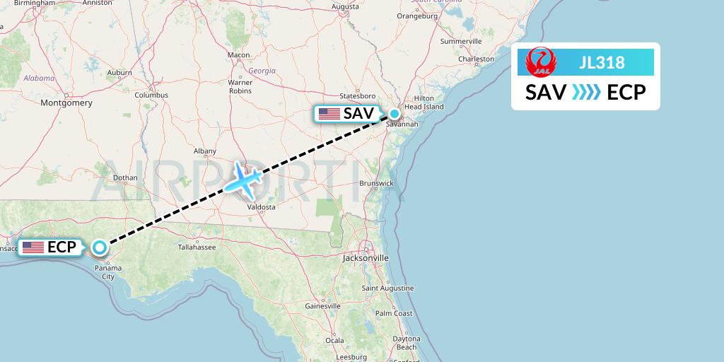 JL318 Japan Airlines Flight Map: Savannah to Panama City