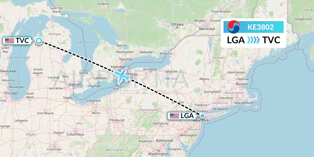 KE3802 Korean Air Flight Map: New York to Traverse City