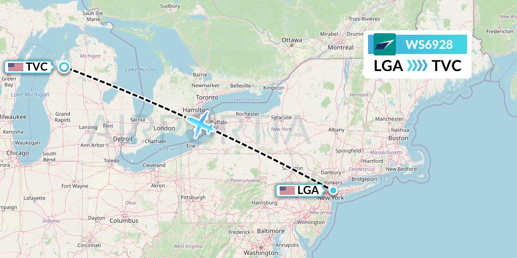 WS6928 WestJet Flight Map: New York to Traverse City