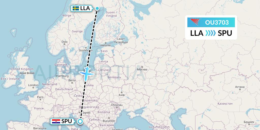 OU3703 Croatia Airlines Flight Map: Lulea to Split