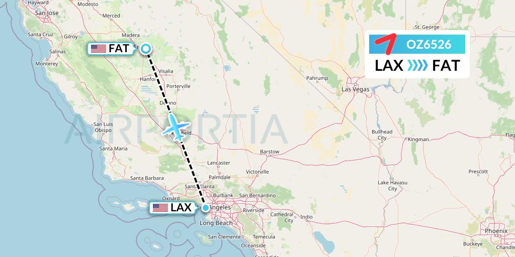 OZ6526 Asiana Airlines Flight Map: Los Angeles to Fresno