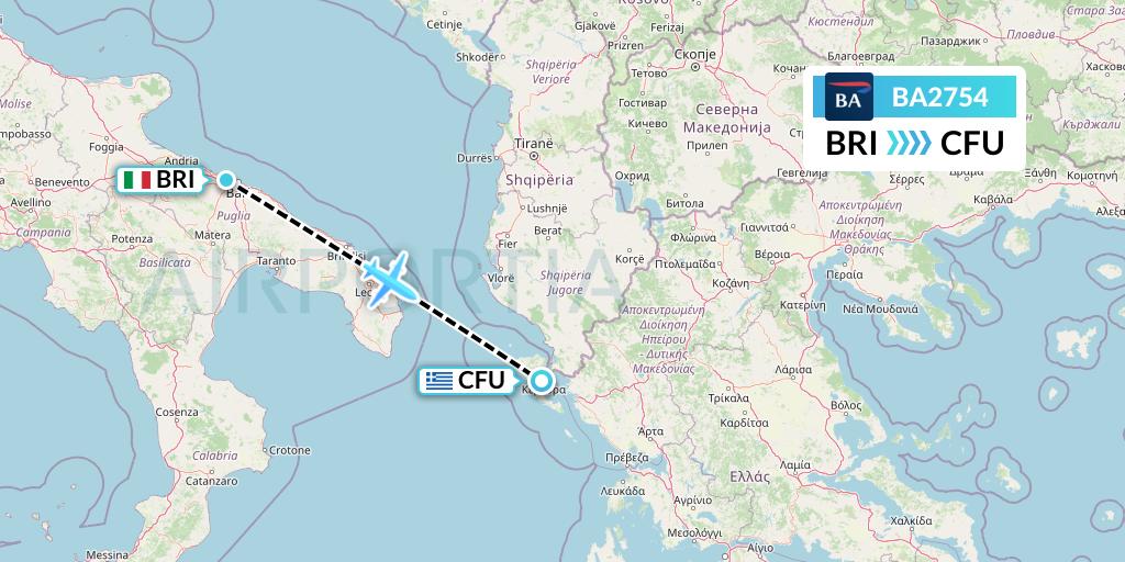BA2754 British Airways Flight Map: Bari to Corfu