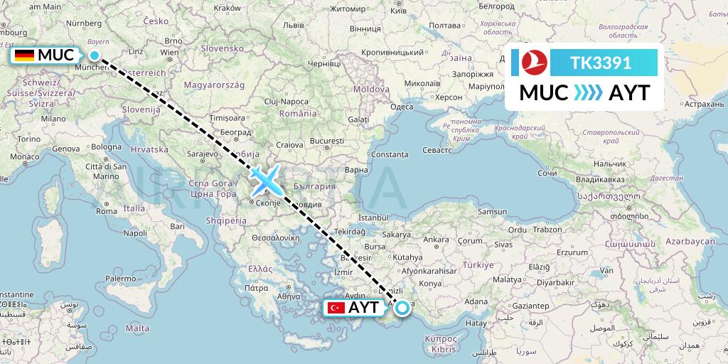 TK3391 Turkish Airlines Flight Map: Munich to Antalya