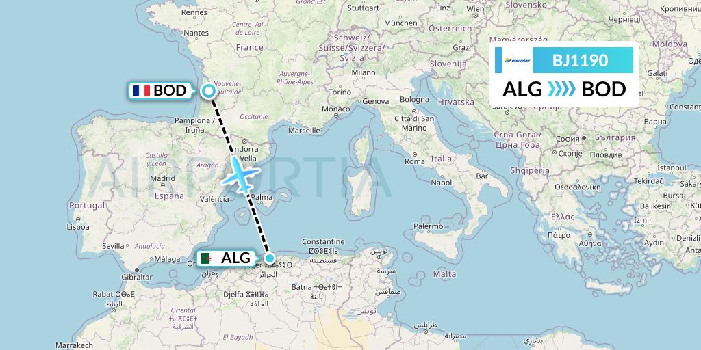 BJ1190 Nouvelair Tunisie Flight Map: Algiers to Bordeaux