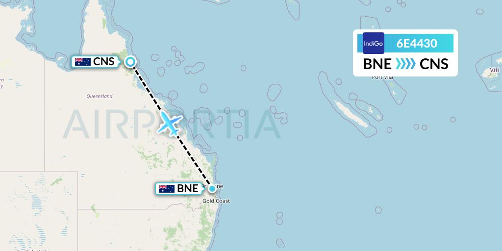 6E4430 IndiGo Airlines Flight Map: Brisbane to Cairns