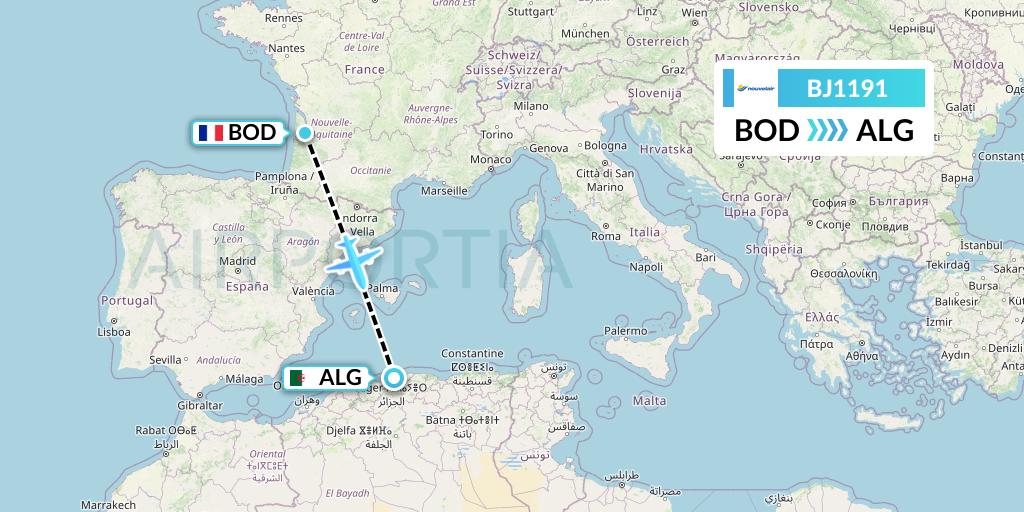 BJ1191 Nouvelair Tunisie Flight Map: Bordeaux to Algiers