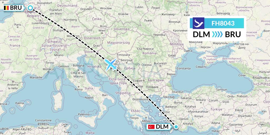 FH8043 Freebird Airlines Flight Map: Dalaman to Brussels