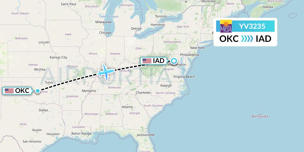 YV3235 Mesa Airlines Flight Map: Oklahoma City to Washington