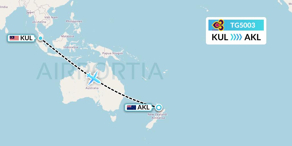 TG5003 Thai Airways Flight Map: Kuala Lumpur to Auckland