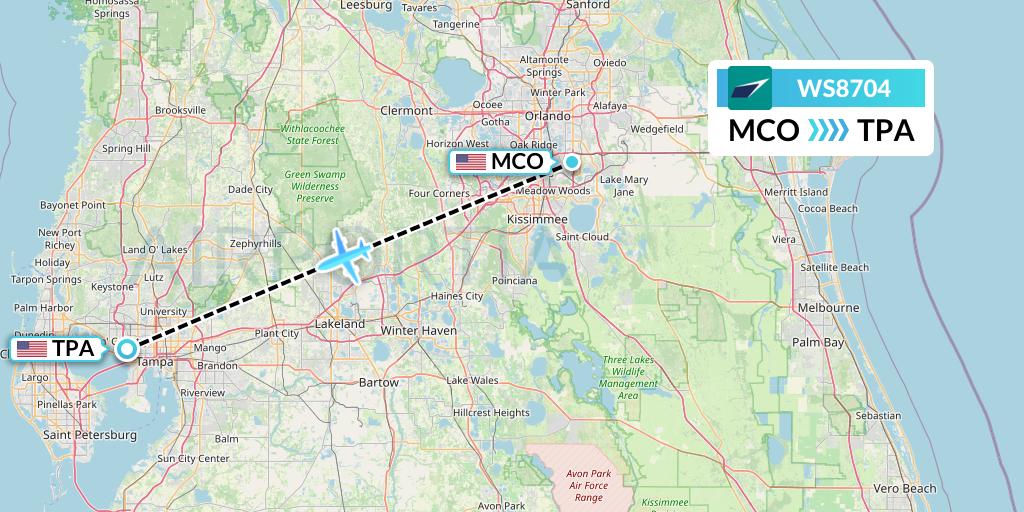 WS8704 WestJet Flight Map: Orlando to Tampa