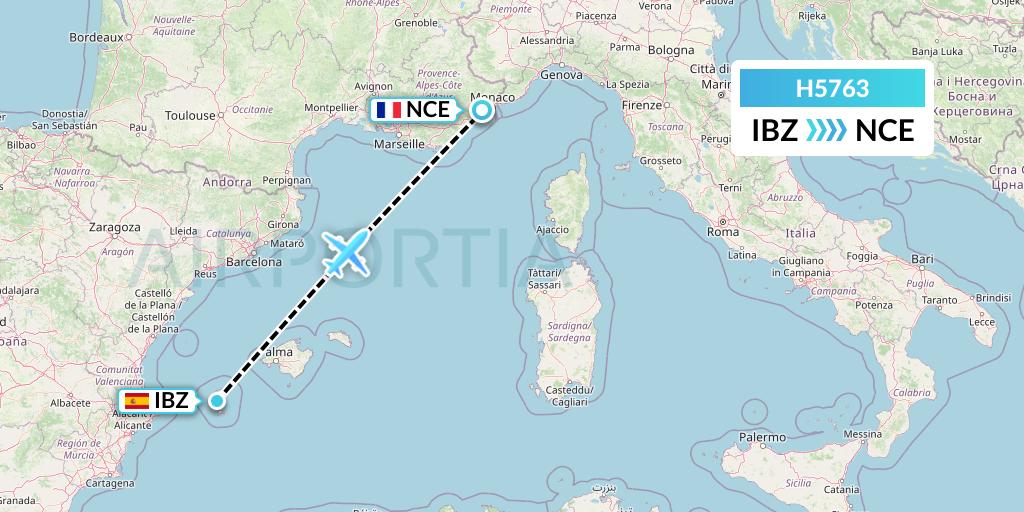H5763 MAVIAL - Magadan Airlines Flight Map: Ibiza to Nice