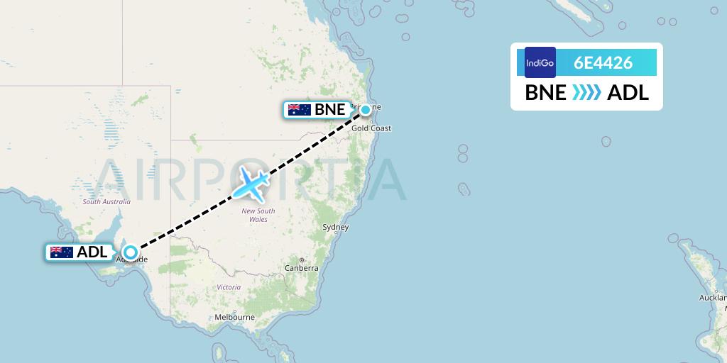 6E4426 IndiGo Airlines Flight Map: Brisbane to Adelaide