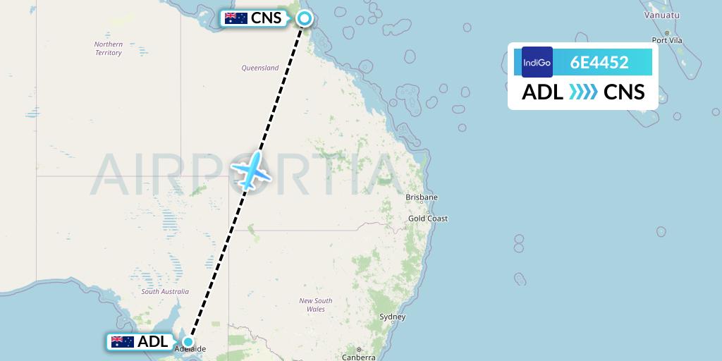 6E4452 IndiGo Airlines Flight Map: Adelaide to Cairns