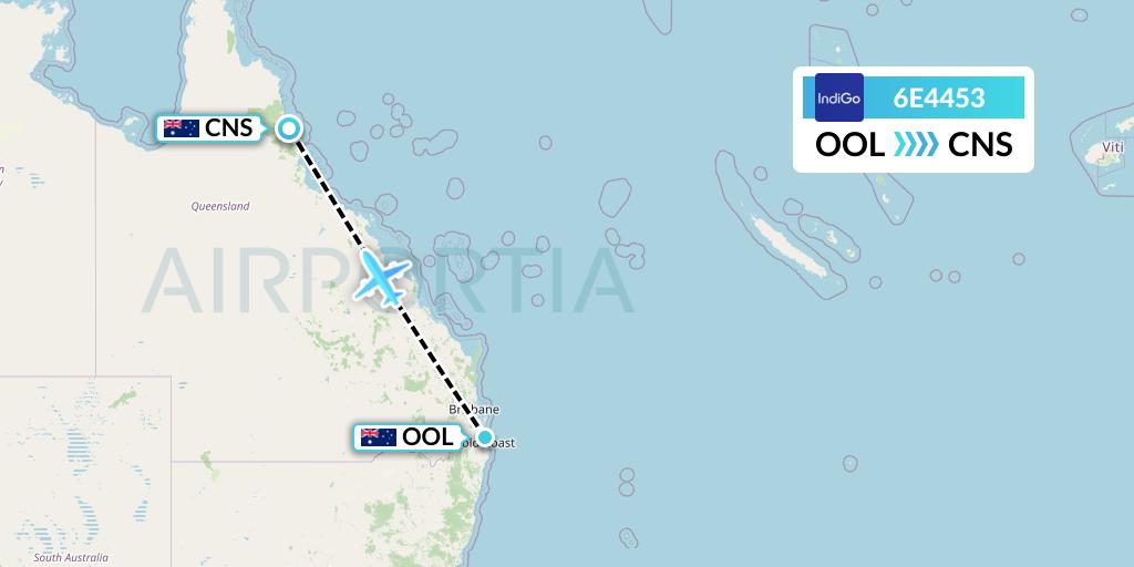 6E4453 IndiGo Airlines Flight Map: Gold Coast to Cairns