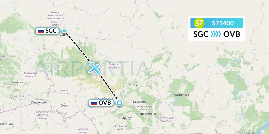 S75400 S7 Airlines Flight Map: Surgut to Novosibirsk