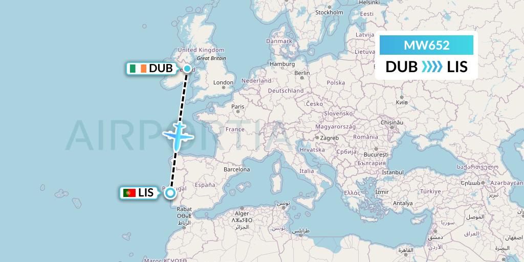 MW652 Mokulele Flight Service Flight Map: Dublin to Lisbon