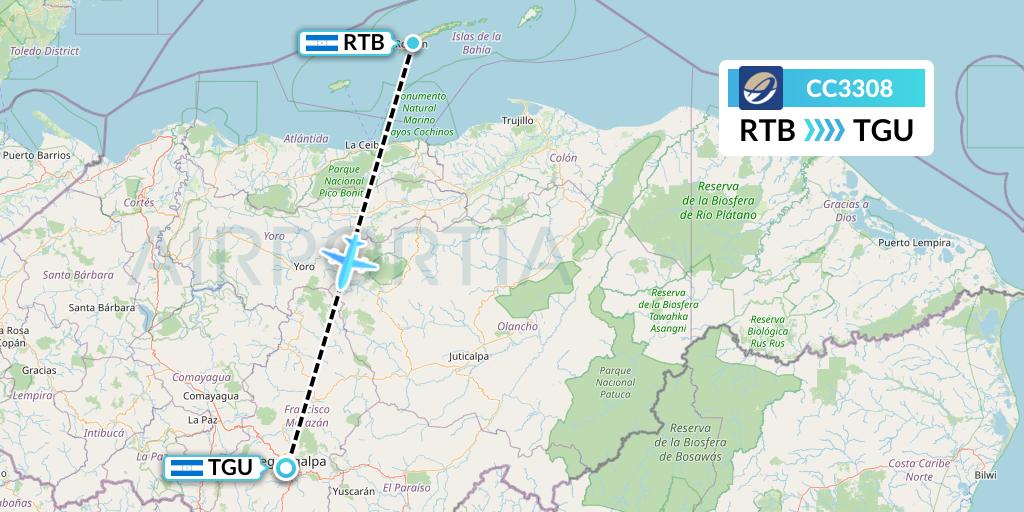 CC3308 CM Airlines Flight Map: Roatan to Tegucigalpa