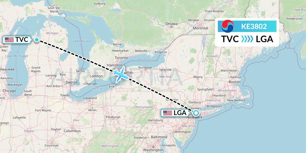 KE3802 Korean Air Flight Map: Traverse City to New York