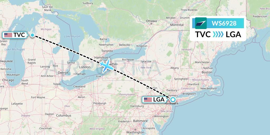 WS6928 WestJet Flight Map: Traverse City to New York