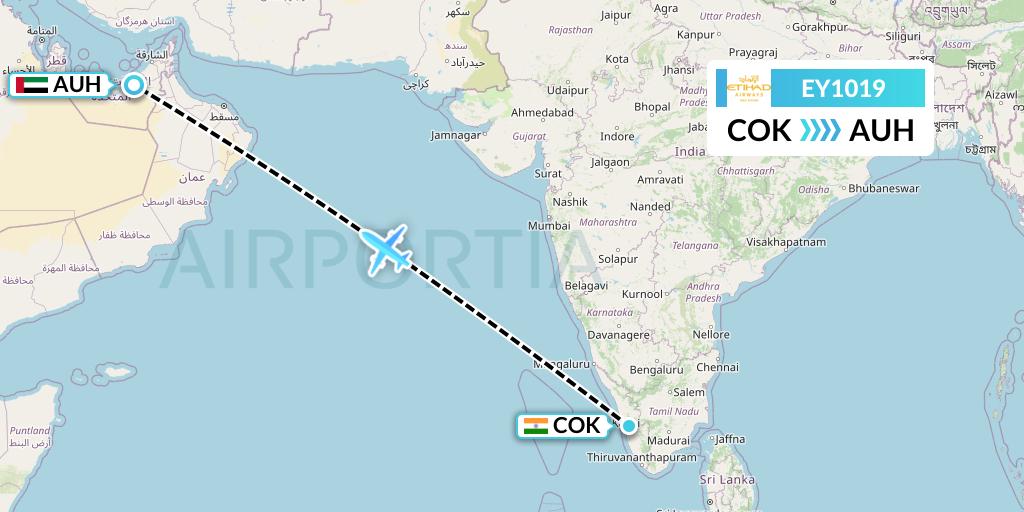EY1019 Etihad Airways Flight Map: Cochin to Abu Dhabi
