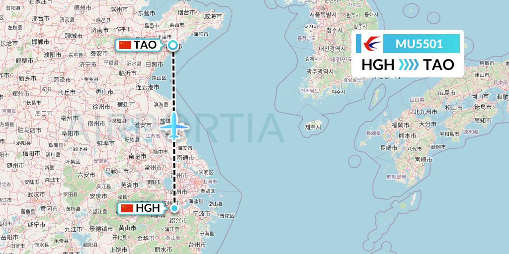 MU5501 China Eastern Airlines Flight Map: Hangzhou to Qingdao