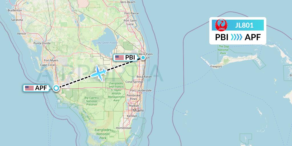 JL801 Japan Airlines Flight Map: West Palm Beach to Naples