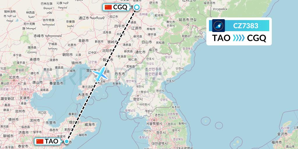 CZ7383 China Southern Airlines Flight Map: Qingdao to Changchun