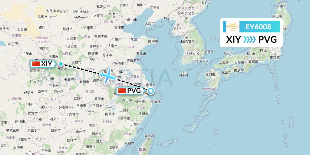 EY6008 Etihad Airways Flight Map: Xi'an to Shanghai