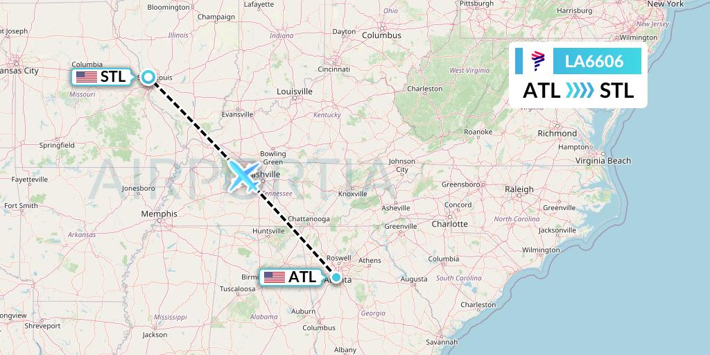 LA6606 LAN Airlines Flight Map: Atlanta to St. Louis