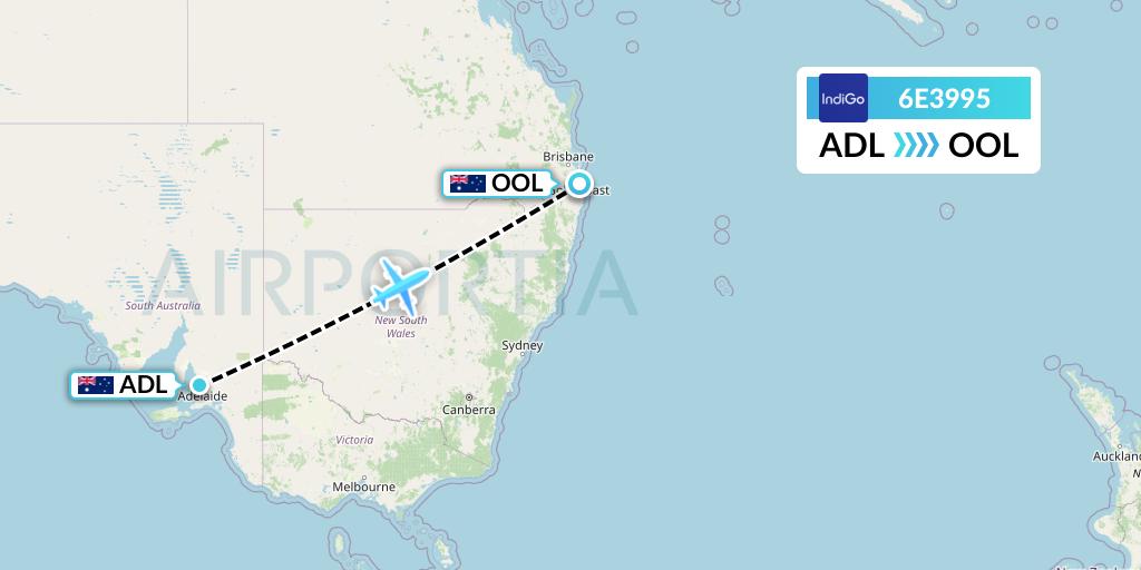 6E3995 IndiGo Airlines Flight Map: Adelaide to Gold Coast