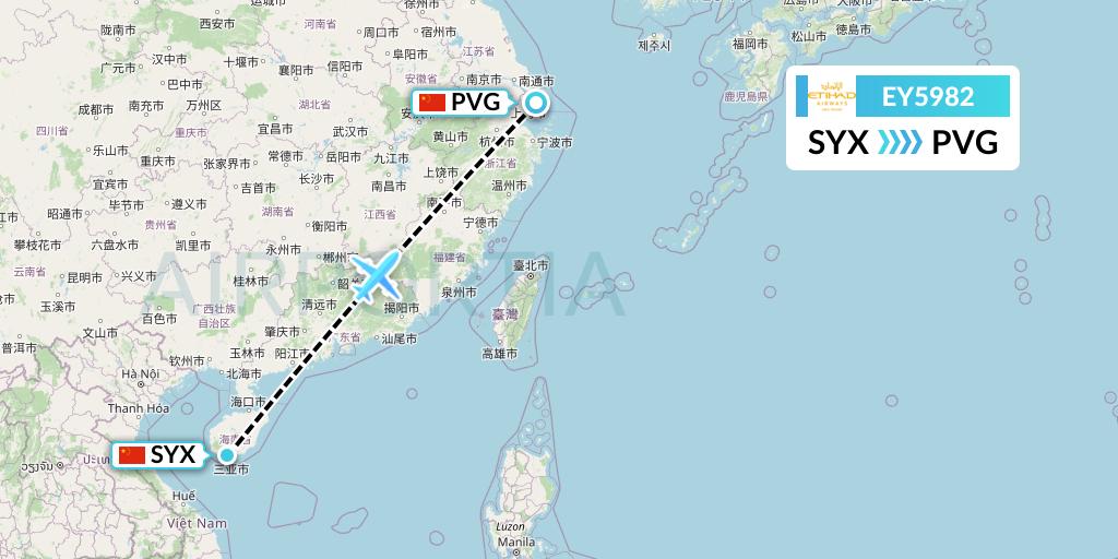 EY5982 Etihad Airways Flight Map: Sanya to Shanghai