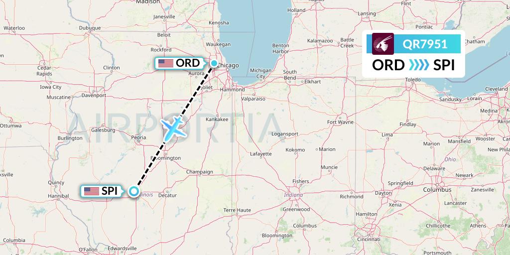 QR7951 Qatar Airways Flight Map: Chicago to Springfield