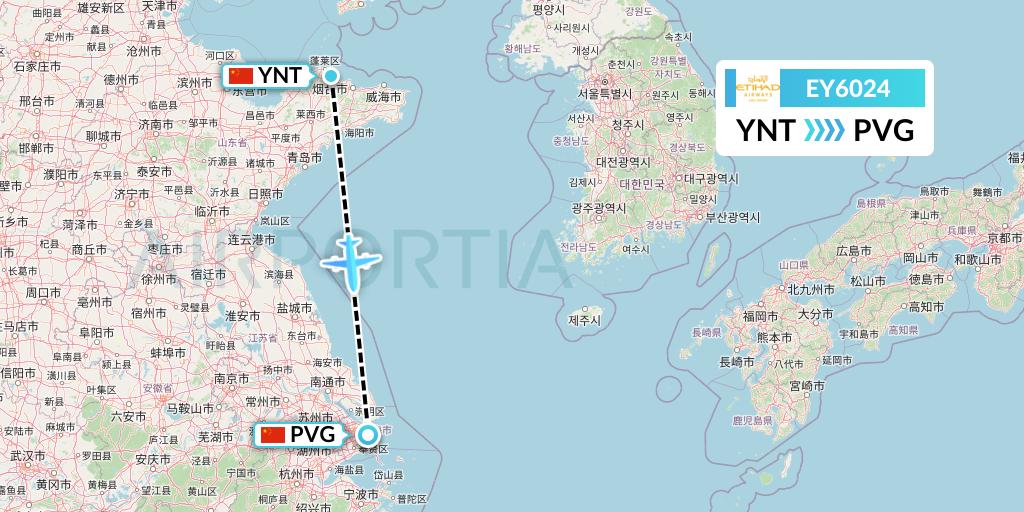 EY6024 Etihad Airways Flight Map: Yantai to Shanghai