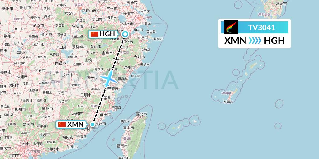 TV3041 Tibet Airlines Flight Map: Xiamen to Hangzhou