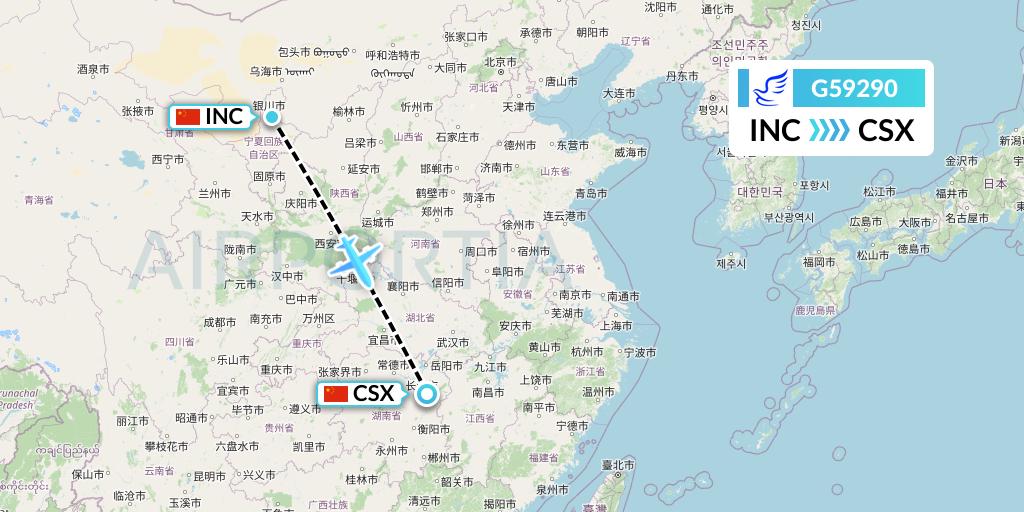 G59290 China Express Airlines Flight Map: Yinchuan to Changsha
