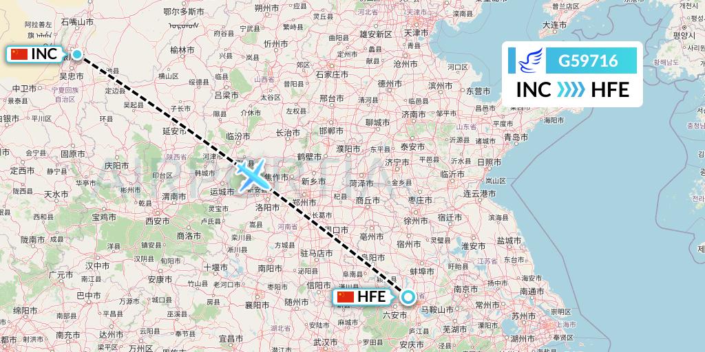 G59716 China Express Airlines Flight Map: Yinchuan to Hefei