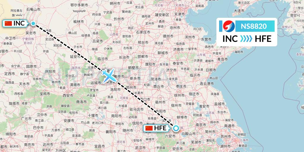 NS8820 Hebei Airlines Flight Map: Yinchuan to Hefei