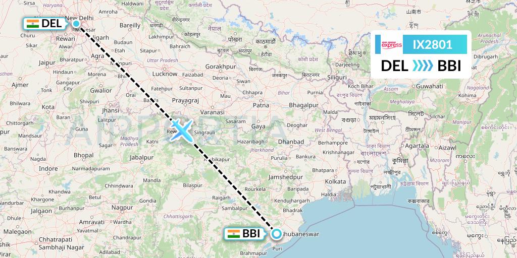 IX2801 Air India Express Flight Map: Delhi to Bhubaneswar