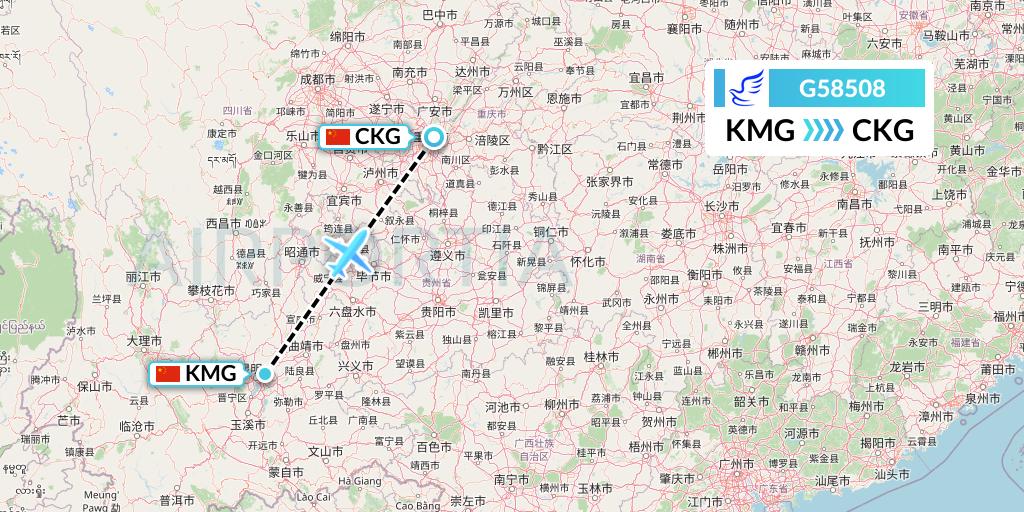 G58508 China Express Airlines Flight Map: Kunming to Chongqing