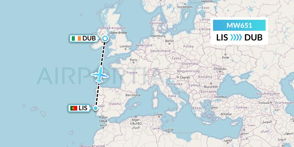 MW651 Mokulele Flight Service Flight Map: Lisbon to Dublin