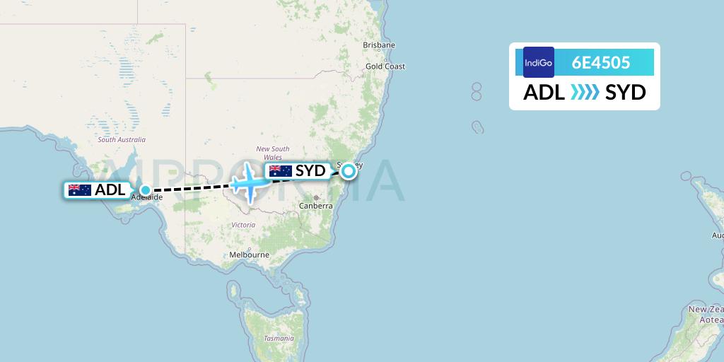 6E4505 IndiGo Airlines Flight Map: Adelaide to Sydney