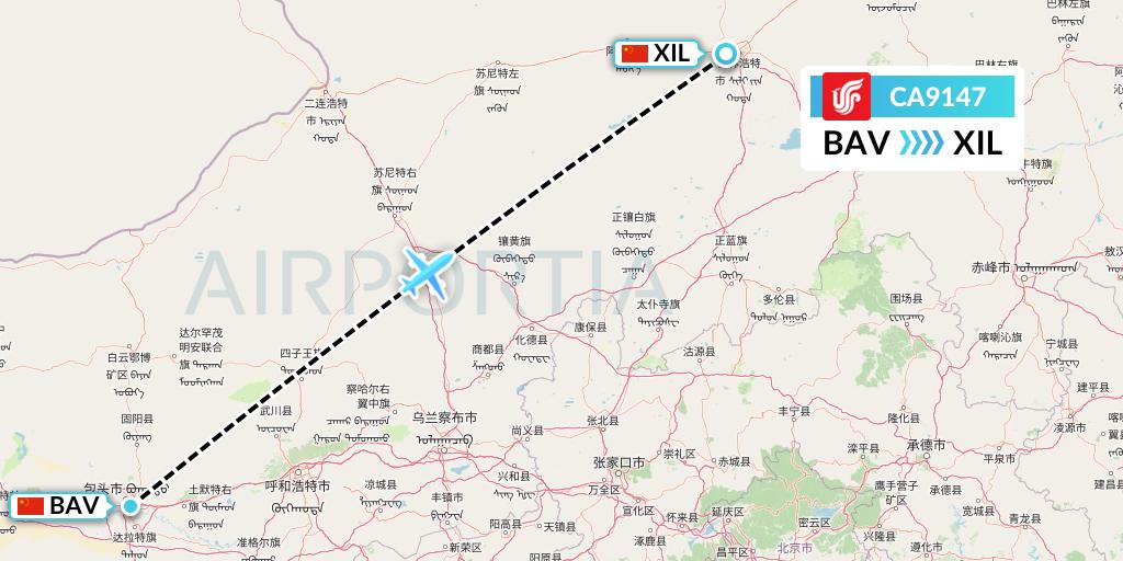 CA9147 Air China Flight Map: Baotou to Xilinhot