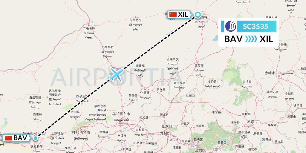 SC3535 Shandong Airlines Flight Map: Baotou to Xilinhot