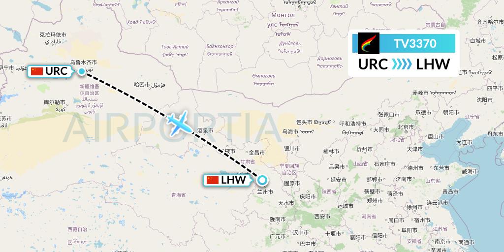 TV3370 Tibet Airlines Flight Map: Urumqi to Lanzhou