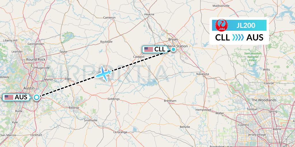 JL200 Japan Airlines Flight Map: College Station to Austin