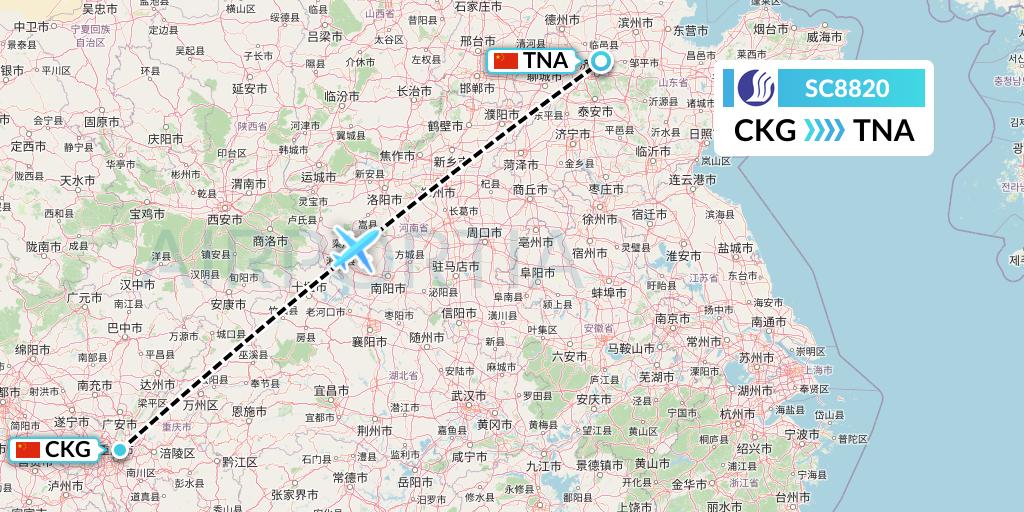 SC8820 Shandong Airlines Flight Map: Chongqing to Jinan